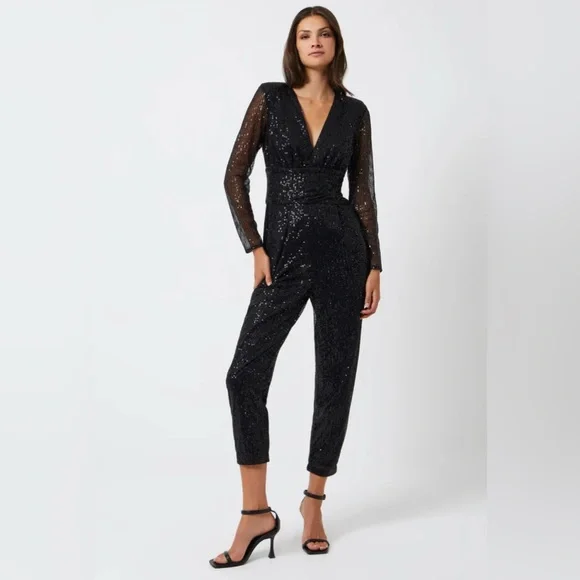 French Connection Black Sequin Jumpsuit EUC - Picture 1 of 9